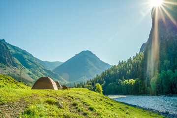 Camping tent in the mountains