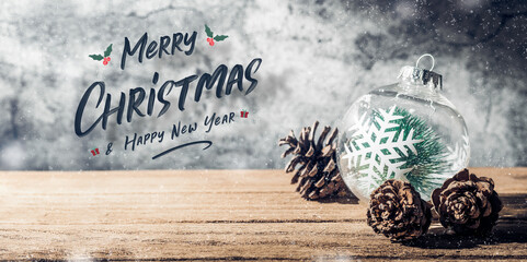 Wall Mural - Merry Christmas and happy new year sign with Christmas tree  bauble and pine cone on wood table with concrete wall for celebrate holiday greeting card background