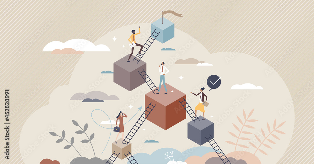 Leveling up and career development with progress stairs tiny person concept. Skills and professional improvement as upward raising steps vector illustration. Climb with aspiration to target or goal. - obrazy, fototapety, plakaty 