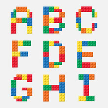 Alphabet From Colorful Brick Block Toy Like Lego, Building Brick Fonts For Children Poster, Letter Design, Banner, Logo, Sales Promotion, Online Shopping, Print For Kids.