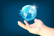 © WS Studio 1985 - Business hand holding earth globe on blue background, Global  connection and data exchanges, global communication concept