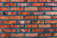 Old Weathered Red Brick Wall For Texture Or Background, Classic Rough Aged Brickwork, Vintage Masonry With Cement Mortar
