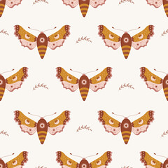 Wall Mural - Seamless pattern with boho moth. Insect with celestial elements. Witch and magic symbol for textile, fabric, prints. Abstract hand drawn vector illustration in bohemian style.