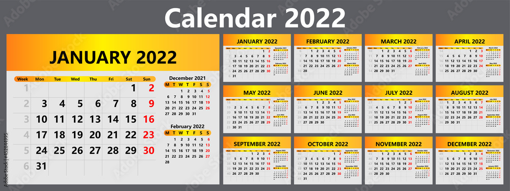 Planner calendar for 2022 with week numbers. Template for a wall calendar for a company. The week starts on Monday. Vector illustration