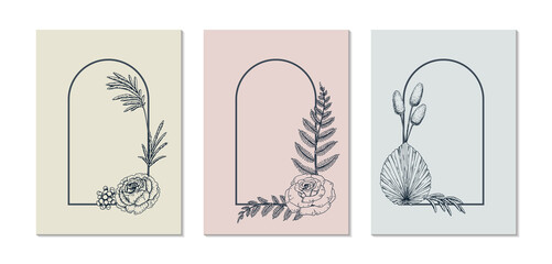 Set of hand drawn botany frames with hand drawn elements. Design for logo, prints and invitations