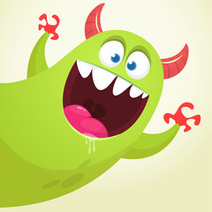 Funny cartoon smiling monster character. Illustration of cute and happy mythical alien. Vector isolated