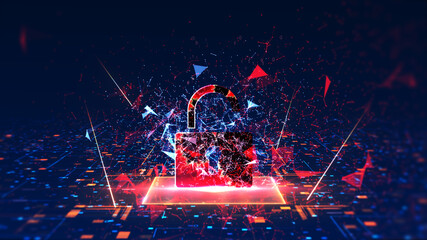 Aufkleber - concept of cyber attack Cyber security is compromised. when the armor is destroyed The red key and the structure explode the polygon into smaller pieces. Computer system technology has been hacked.