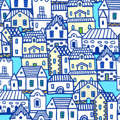  hand drawn contour seamless pattern with old town