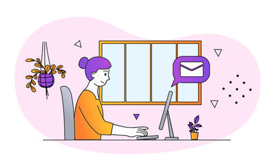 Poster - Working in office concept. Woman sitting at her desk, looking at laptop and receives message to mail. Employee performs project. Cartoon doodle flat vector illustration isolated on white background