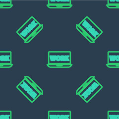 Poster - Line Laptop with text work icon isolated seamless pattern on blue background. Vector