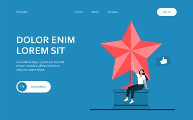 Wall Mural - tiny woman sitting on large golden star. like, prize, blogger flat vector illustration. achievement 
