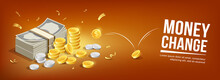 Banknote Silver Coins And Gold Coins Bounce Concept Banner Design, On Orange Background, Eps 10 Vector Illustration