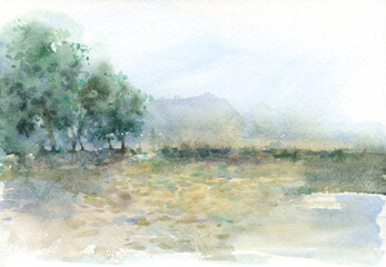 The watercolor landscape is gentle blurred in a haze. Watercolor illustration.