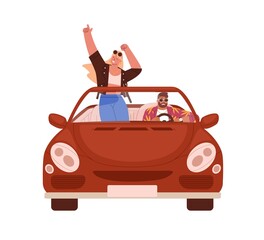 Wall Mural - happy romantic couple traveling by car. people in cabrio at road trip. man driving convertible with 