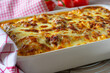 Pasta casserole with bolognese sauce, bechamel sauce and mozzarella cheese topping