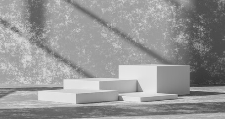 Aufkleber - Empty cement wall product background or white podium pedestal concrete grunge room backdrop on blank interior studio floor with home display and abstract light wallpaper scene. 3D rendering.