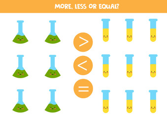 More, less, equal with cute test tubes. Math comparison.