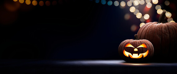 Wall Mural - two halloween lanterns with evil eyes and face on a wood table with a spooky dark blue background at