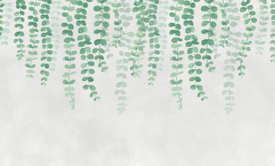 Wall Mural - The painted leaves on top. Photo wallpapers for the wall. Mural in the living room. Watercolor leaves. Tropical leaves on a gray background.