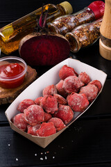 Canvas Print - Tasty beetroot ravioli stuffed with baked beets and meat. Colored dumplings