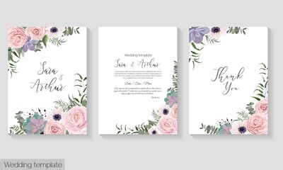 Wall Mural - Vector floral template for wedding invitation. Pink roses, anemones, succulents, berries, green leaves and plants. 