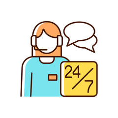 Canvas Print - Customer support RGB color icon. Clients assistance. Answer call. Person with headset. Online consultant. Customer and business interaction. Isolated vector illustration. Simple filled line drawing