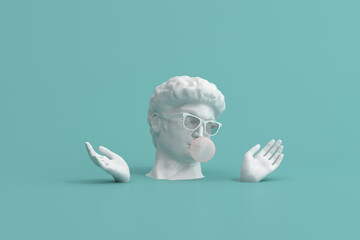 minimal scene of sunglasses on human head sculpture with pink bubble gum on green background, 3d ren