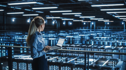 Leinwandbilder - Data Center Female It Specialist Using Laptop. Server Farm Cloud Computing Facility with Beautiful Maintenance Administrator Working on Computer. Information Technology Professional.