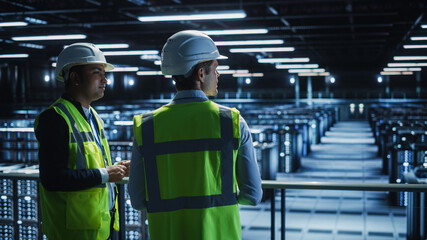 Poster - Data Center IT Specialist and System administrator Talk, Use Tablet Computer, Wearing Safety Wests. Server Clod Farm with Two Information Technology Engineers checking Cyber Security.