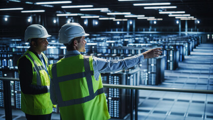 Fototapete - Data Center IT Specialist and System administrator Talk, Use Tablet Computer, Wearing Safety Wests. Server Clod Farm with Two Information Technology Engineers checking Cyber Security.