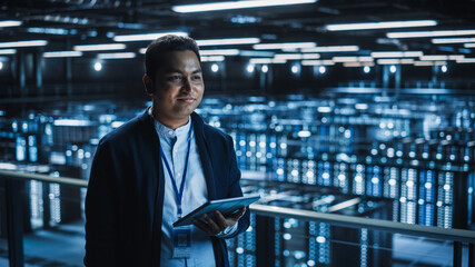 Handsome Smiling IT Specialist Using Tablet Computer in Data Center. Succesful Businessman and e-Business Entrepreneur Overlooking Server Farm Cloud Computing Facility.