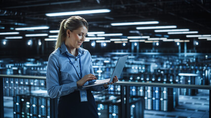 Poster - Portrait of IT Specialist Using Laptop in Data Center. Big Server Farm Cloud Computing Facility with Female System Administrator Monitoring. Cyber Security, Network Protection Services.