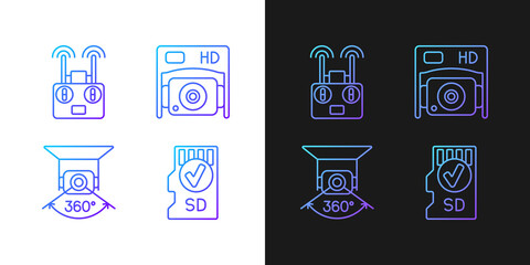 Sticker - Drone use gradient manual label icons set for dark and light mode. Thin line contour symbols bundle. Isolated vector outline illustrations collection on black and white for product use instructions