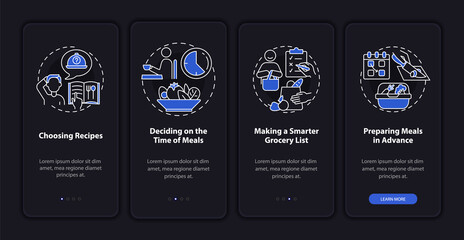 Meal planning basics dark onboarding mobile app page screen. Walkthrough 4 steps graphic instructions with concepts. UI, UX, GUI vector template with linear night mode illustrations