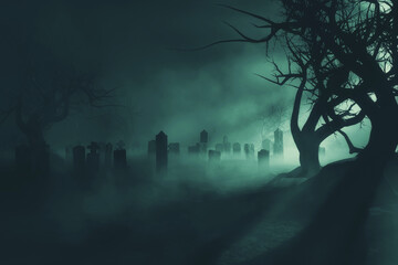 Wall Mural - tombstones and trees in old cemetery at night