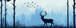 © Anna - Horizontal banner. Silhouette of deer standing on meadow in forrest. Silhouette of animal, trees, grass. Magical misty landscape, fog. Blue and gray illustration. Bookmark.