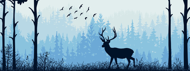 Horizontal banner. Silhouette of deer standing on meadow in forrest. Silhouette of animal, trees, grass. Magical misty landscape, fog. Blue and gray illustration. Bookmark.