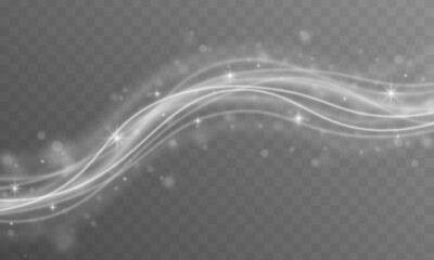 Aufkleber - White sparks glitter special light effect. Sparkling dust star trail with bokeh. Transparent light effect with curve trace and wavy line. Illustration of the movement of white smoke flow curve. Vector