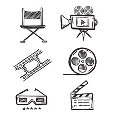 Cinema decorative symbols set, doodle style, vector hand drawn.	