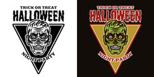 Halloween Emblem With Zombie Head Two Styles Black On White And Colorful On Dark Background Vector Illustration