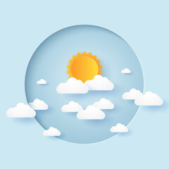 Wall Mural - cloudscape, blue sky with cloud and sun in circular frame, paper art style