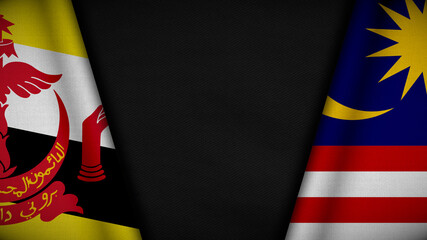 two flags of Brunei and malaysia together with cloth texture, bilateral relations, peace and conflict between countries, good for background