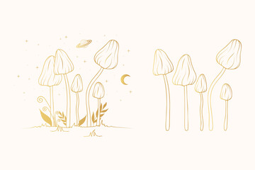 Wall Mural - Golden celestial mushrooms. Gold Psychedelic fungi set. Esoteric clipart.