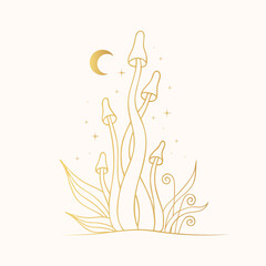 Golden mystical mushrooms. Gold Celestial fungi with moon, stars and floral elements.