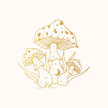 Golden Psychedelic Mushrooms. Gold Celestial Floral Fungi, Fungus.