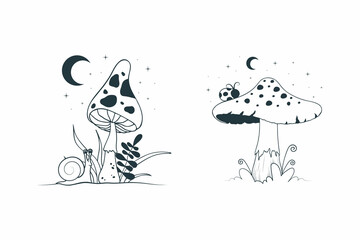 Wall Mural - Witchy mushroom with floral elements. Celestial fungi clipart with moon and stars.