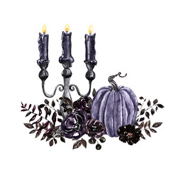 watercolor vintage goth halloween illustration with black candles, dark flowers and pumpkin. hand pa