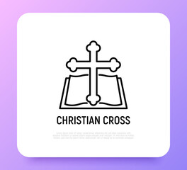 Wall Mural - Christianity, christian cross and Bible thin line icon. Religion. Vector illustration.