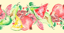 Watercolor Seamless Background.
Border, Line - Tropical Fruits - Pear,watermelon,pomegranate Fruit, Seeds, Berry, Figs. Seamless Pattern. Watercolor Tropical Pattern With Fruits, Multifruit. 