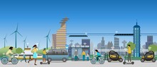 Electric Transport In A Sustainable Modern City View. Electric Scooters,  Bike,  Monorail Trains, Autonomous Public Transport, Ferry And Vehicles. Renewable Energy From Wind Mills.